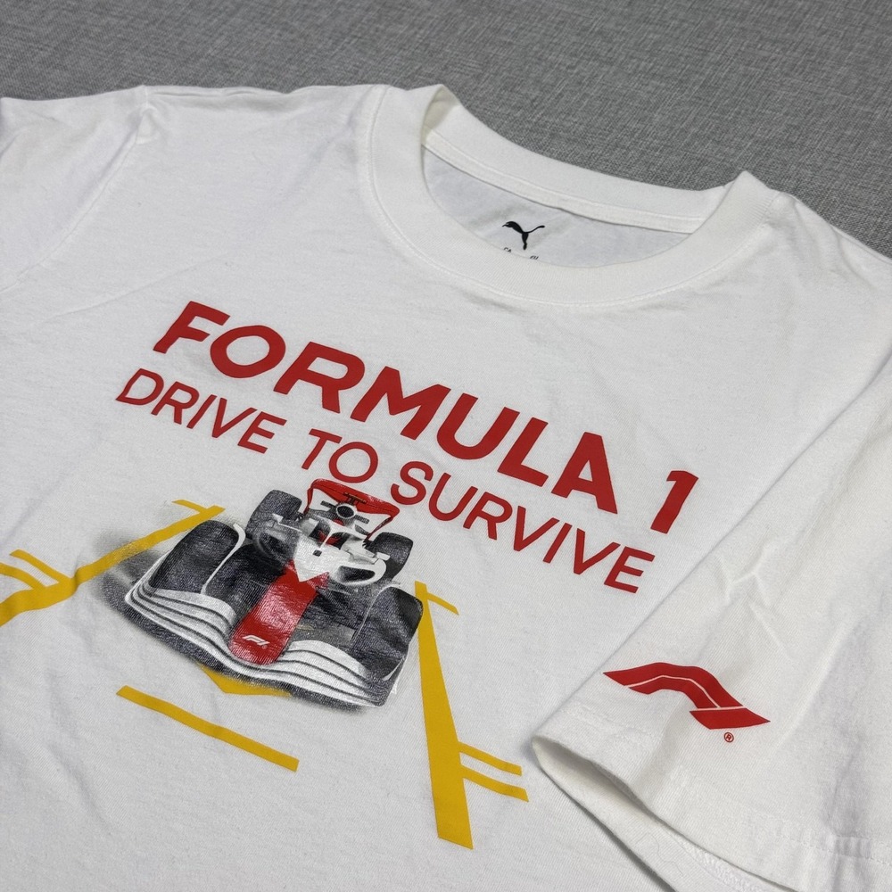 PUMA Formula 1 F1 T-Shirt Mens L White Drive To Survive Graphic Racing Crew Neck